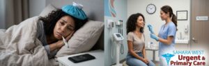 A split image showing a sick woman in bed with a fever and ice pack on the left, transitioning to her receiving a nasal swab flu test from a medical provider at Sahara West Urgent & Primary Care in Las Vegas on the right.