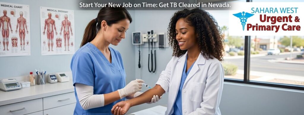 A realistic image depicting a healthcare screening in a modern, brightly lit clinical room. A female medical professional in blue scrubs is performing a TB skin test placement on the forearm of a healthcare worker wearing a white lab coat. In the top-right corner, the Sahara West Urgent & Primary Care logo is clearly displayed alongside a subtle header reading "Start Your New Job on Time: Get TB Cleared in Nevada."