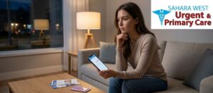 A thoughtful woman sitting on a living room sofa late at night, checking a cycle tracking calendar on her phone, with the Sahara West Urgent & Primary Care logo in the top corner.