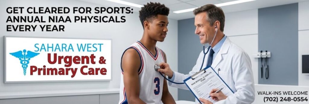 A realistic photograph taken inside a modern medical exam room at Sahara West Urgent Care, showing a doctor in a white lab coat using a stethoscope to listen to the heart of a young African American high school basketball player in a white jersey with red and blue trim. The doctor is smiling and holding a clipboard labeled "NIAA MEDICAL ELIGIBILITY FORM." A prominent wall sign features the "Sahara West Urgent & Primary Care" logo and the blue caduceus. The upper-left text says "GET CLEARED FOR SPORTS: ANNUAL NIAA PHYSICALS EVERY YEAR." The lower-right text says "WALK-INS WELCOME (702) 248-0554."