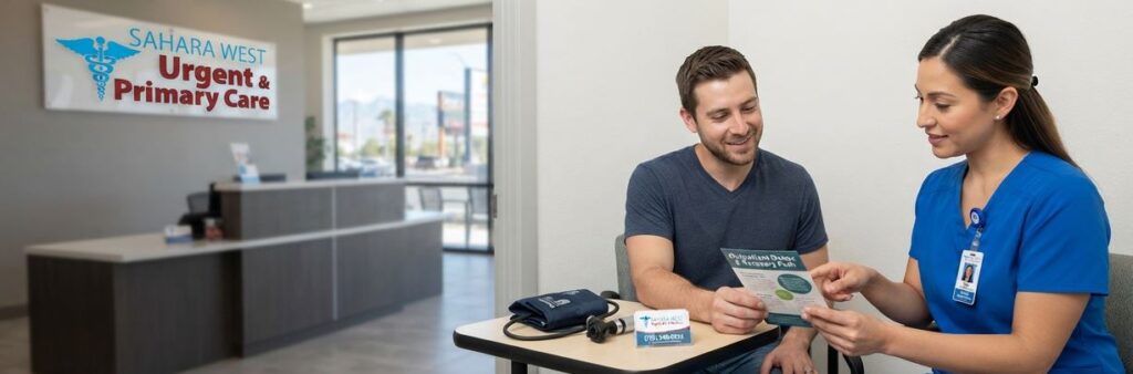 A friendly female nurse practitioner in blue scrubs sits with a male patient in a clinic exam room, discussing a brochure titled "Outpatient Detox & Recovery Path" while blood pressure equipment rests on a side table. In the background, the Sahara West Urgent Care & Wellness reception area is visible through an open doorway, featuring a wall sign with the clinic's logo (a blue caduceus over red and blue text) and large windows looking out to a Las Vegas street.