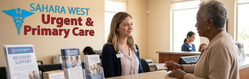 A receptionist at Sahara West Urgent & Primary Care smiles and prepares to accept an insurance card from a patient at a front desk. A large brand logo is on the wall, and brochures for 'Recovery Support' are in the foreground.