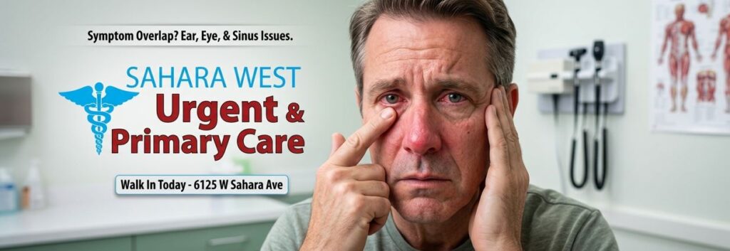 A photograph of a middle-aged man in a medical examination room pointing to his red, irritated eye and holding his temple, indicating ear or sinus pressure. The Sahara West Urgent & Primary Care logo with a blue caduceus and the text "Sahara West Urgent & Primary Care" is displayed on the left, along with a banner that reads "Symptom Overlap? Ear, Eye, & Sinus Issues." and a sign that reads "Walk In Today - 6125 W Sahara Ave". Medical equipment and an anatomical chart are visible in the background.