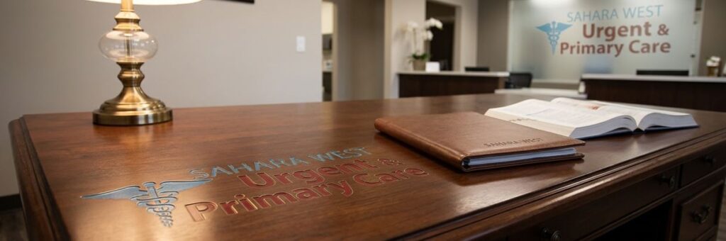 A polished wooden reception desk featuring the engraved logo of Sahara West Urgent & Primary Care, with the clinic's glass entry wall displayed softly in the background.