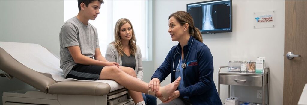 A medical provider at Sahara West Urgent Care examining a patient's ankle in an exam room, with digital X-ray scans displayed on a wall monitor.