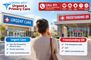 Freestanding ER vs. urgent care in Las Vegas infographic showing the differences in services, emergency care, and potential costs, branded by Sahara West Urgent Care & Primary Care.