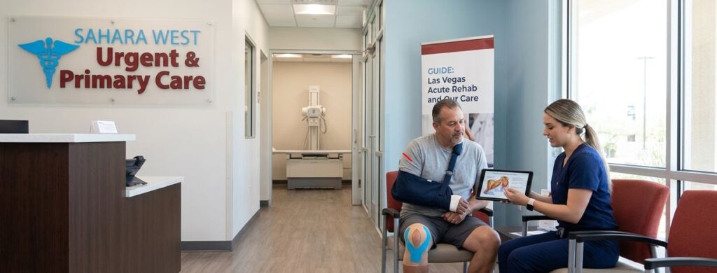 A medical professional shows an education app on a tablet to a male patient with a left arm sling and blue knee tape in the waiting room of Sahara West Urgent Care & Primary Care. The 'SAHARA WEST' logo is on the wall. A guide poster reads 'LAS VEGAS Acute Rehab and Our Care'. An X-ray room is visible in the hallway.