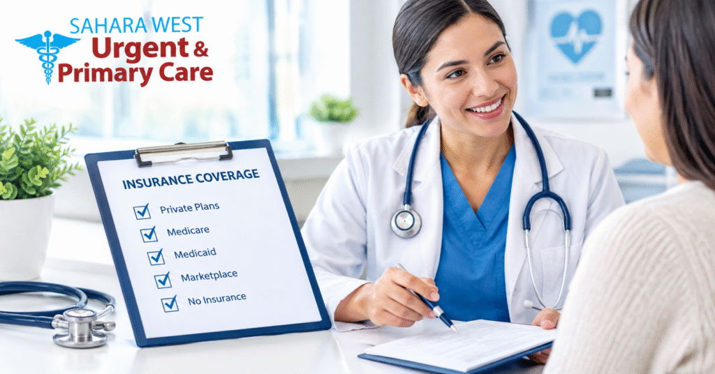 Healthcare professional discussing insurance coverage and diabetes screening options with a patient at Sahara West Urgent Care in Las Vegas.