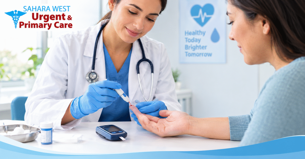 Healthcare professional performing a blood sugar test for diabetes screening at Sahara West Urgent Care in Las Vegas.