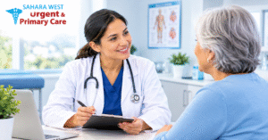 Doctor discussing preventive healthcare with an older patient at Sahara West Urgent & Primary Care in Las Vegas.