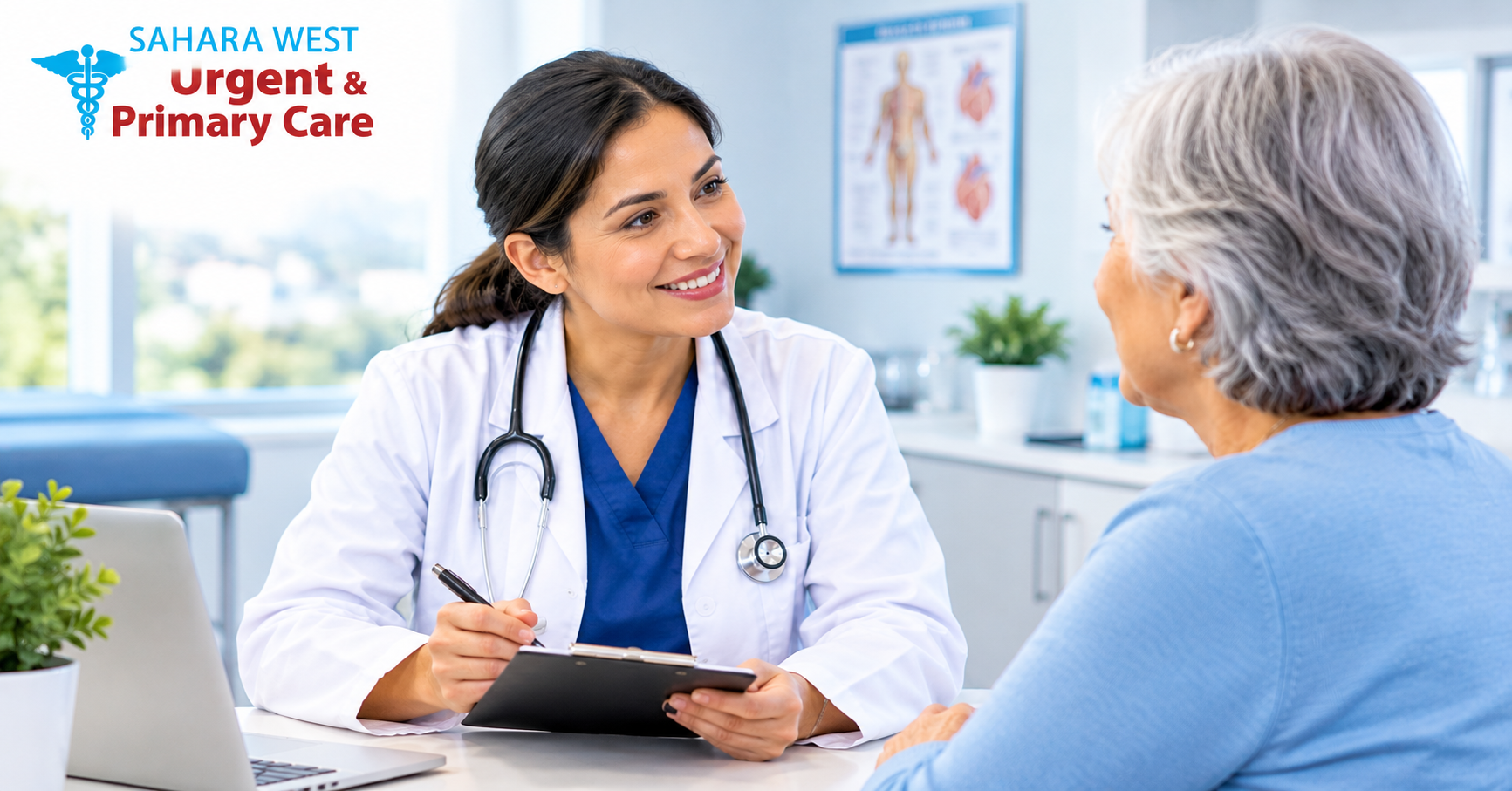 Doctor discussing preventive healthcare with an older patient at Sahara West Urgent & Primary Care in Las Vegas.