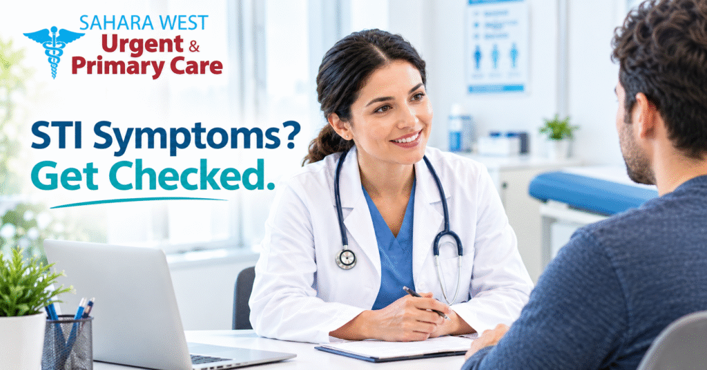 A doctor consulting with a patient about STI symptoms at Sahara West Urgent Care.