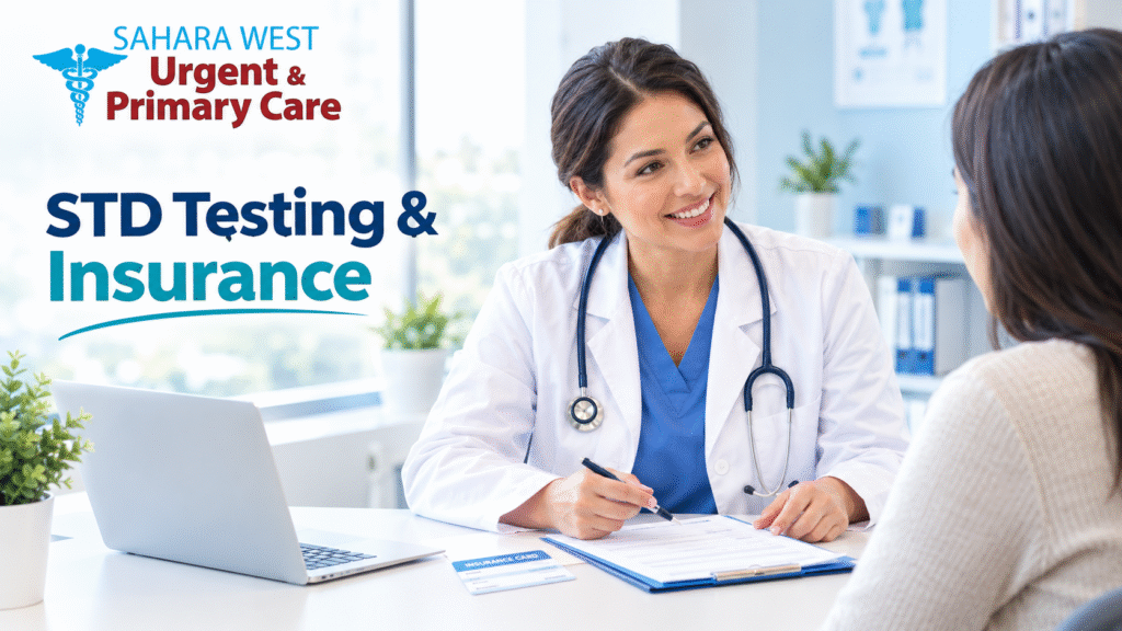 Doctor discussing STD testing and health insurance coverage with a patient at Sahara West Urgent & Primary Care.