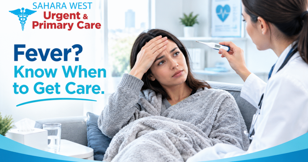 A healthcare provider checks a woman's temperature with a digital thermometer at Sahara West Urgent & Primary Care.