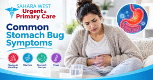 Woman experiencing stomach cramps while resting on a couch, with an illustration of the digestive system and common stomach bug symptoms.