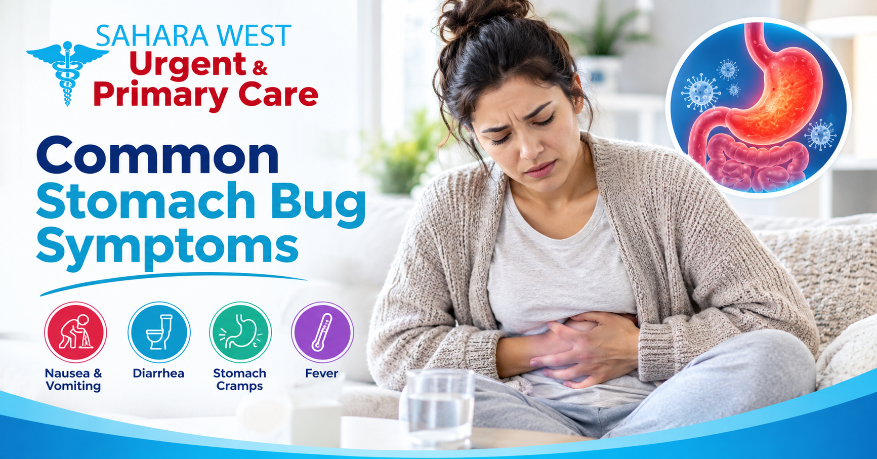 Woman experiencing stomach cramps while resting on a couch, with an illustration of the digestive system and common stomach bug symptoms.