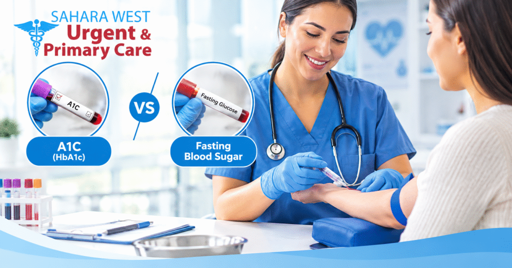 Healthcare professional performing a blood test illustrating the difference between A1C and fasting blood sugar testing at Sahara West Urgent Care in Las Vegas.