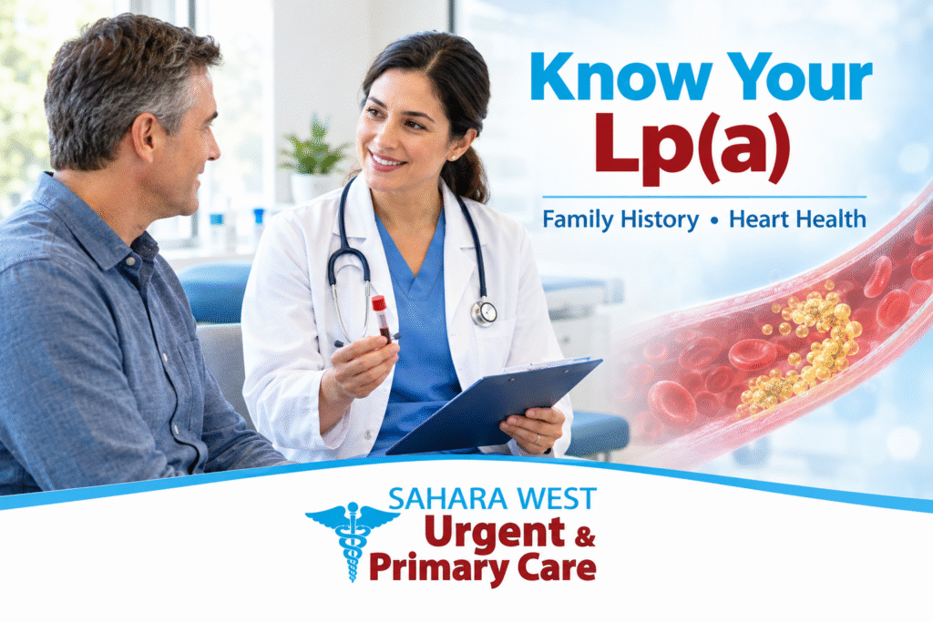 Healthcare provider discussing Lp(a) cholesterol screening and heart health with a patient at Sahara West Urgent & Primary Care.