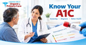 Healthcare provider discussing A1C blood sugar screening with a patient at Sahara West Urgent & Primary Care.