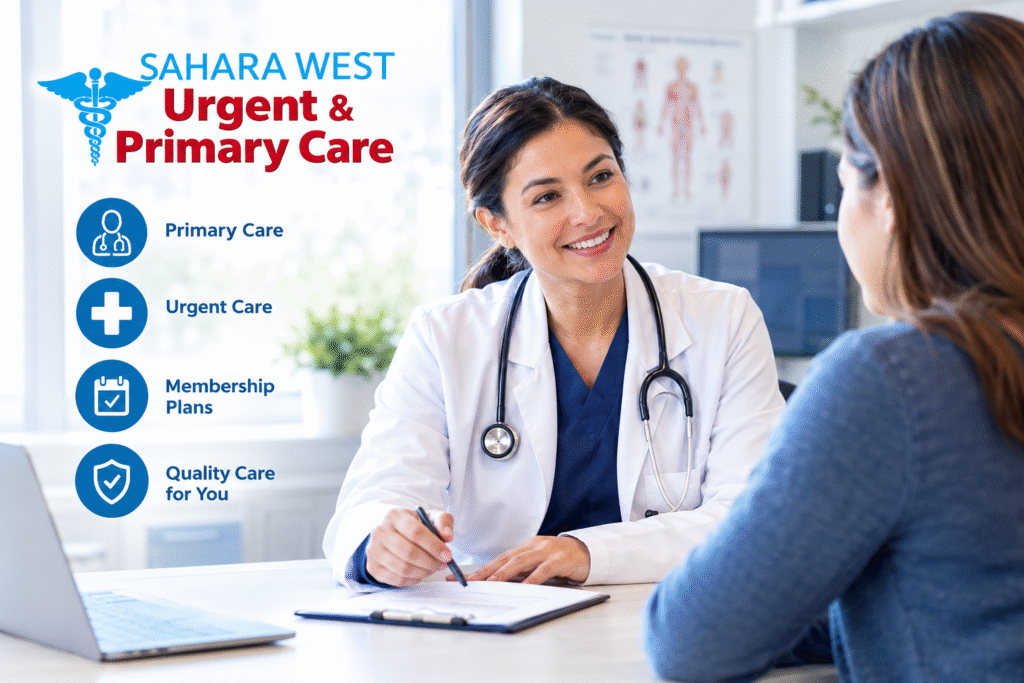 Sahara West Urgent Care doctor consulting with a patient about primary care, urgent care, and affordable healthcare membership plans.