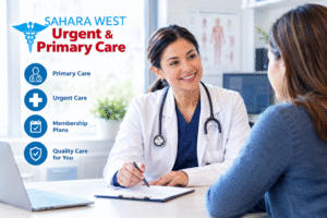 Sahara West Urgent Care doctor consulting with a patient about primary care, urgent care, and affordable healthcare membership plans.