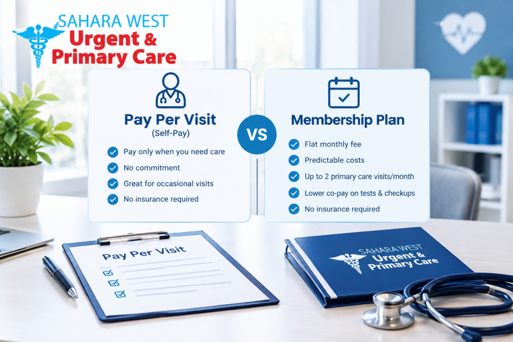 Healthcare membership vs. pay-per-visit comparison at Sahara West Urgent & Primary Care, highlighting flexible self-pay options and affordable monthly primary care membership.
