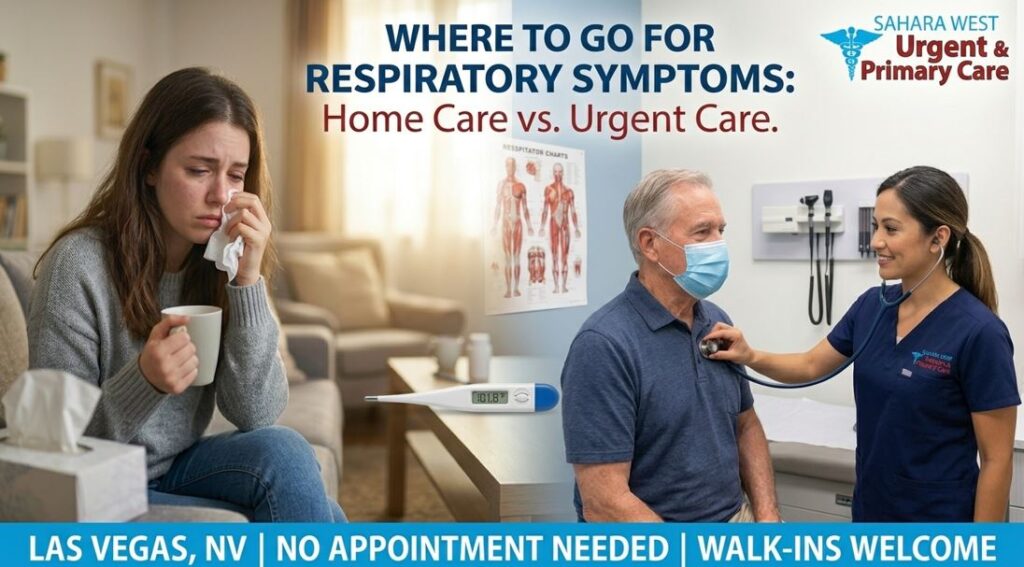 A side-by-side comparison image for Sahara West Urgent & Primary Care. On the left, a woman with a cold rests at home. On the right, a man with a mask is examined by a medical professional in an urgent care setting. Large text reads: "WHERE TO GO FOR RESPIRATORY SYMPTOMS: Home Care vs. Urgent Care." A blue banner at the bottom states: "LAS VEGAS, NV | NO APPOINTMENT NEEDED | WALK-INS WELCOME."