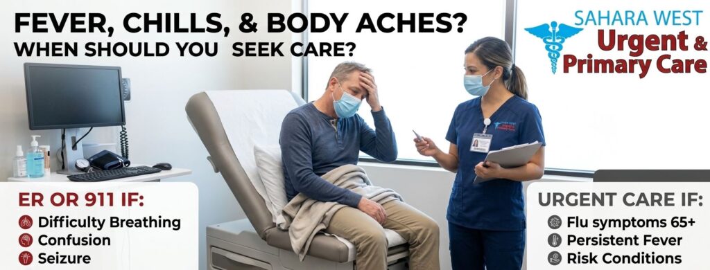 A medical provider evaluating a patient with chills and body aches in a Sahara West Urgent Care room, with a visual guide on when to visit the ER vs. Urgent Care.