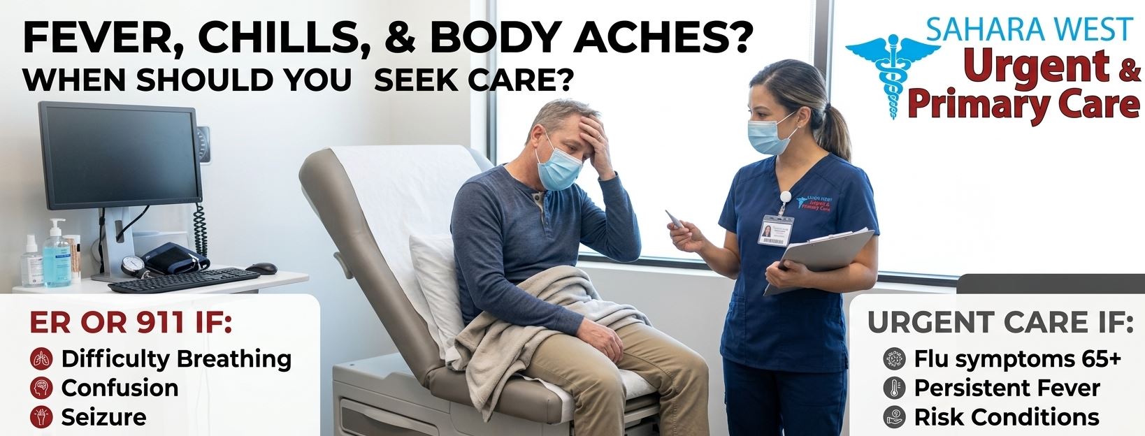A medical provider evaluating a patient with chills and body aches in a Sahara West Urgent Care room, with a visual guide on when to visit the ER vs. Urgent Care.