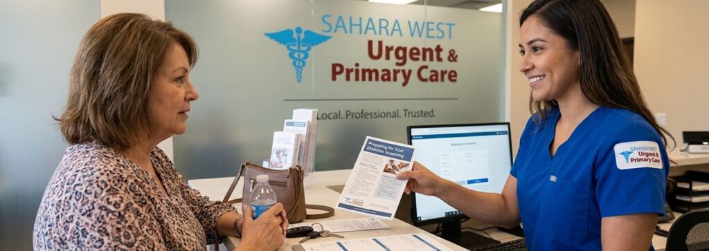 A friendly healthcare staff member at Sahara West Urgent & Primary Care counter handing a patient an informational pamphlet titled "Preparing for Your Diabetes Screening".