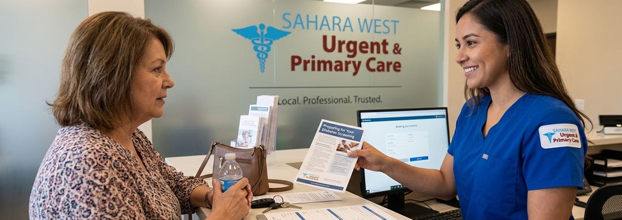 A friendly healthcare staff member at Sahara West Urgent & Primary Care counter handing a patient an informational pamphlet titled "Preparing for Your Diabetes Screening".