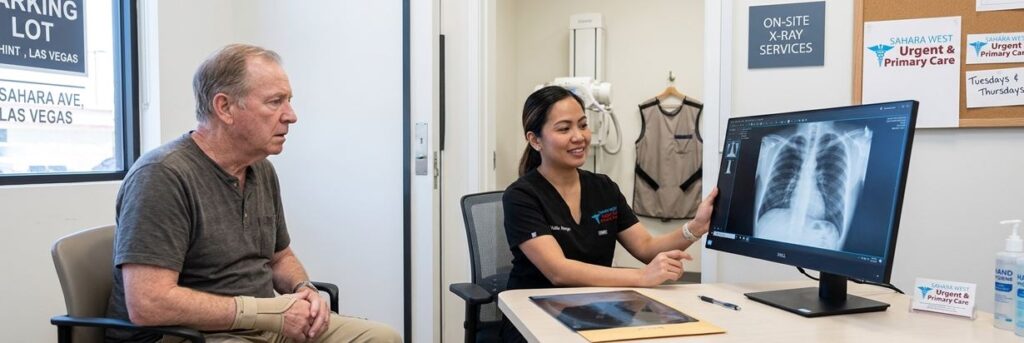A healthcare provider reviewing a digital chest X-ray on a monitor with a patient inside Sahara West Urgent Care in Las Vegas.