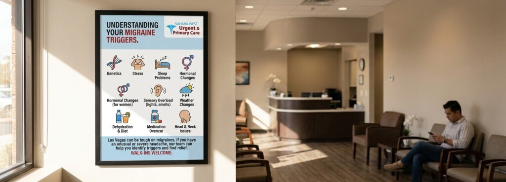 A framed educational poster about migraine triggers with the Sahara West Urgent & Primary Care logo displayed on the wall of a modern Las Vegas urgent care clinic waiting room.