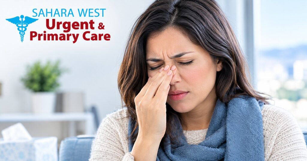 Woman experiencing sinus pressure and facial discomfort, with Sahara West Urgent & Primary Care branding.