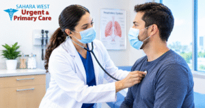 Sahara West Urgent & Primary Care clinician examining a patient's chest with a stethoscope during a respiratory infection evaluation.