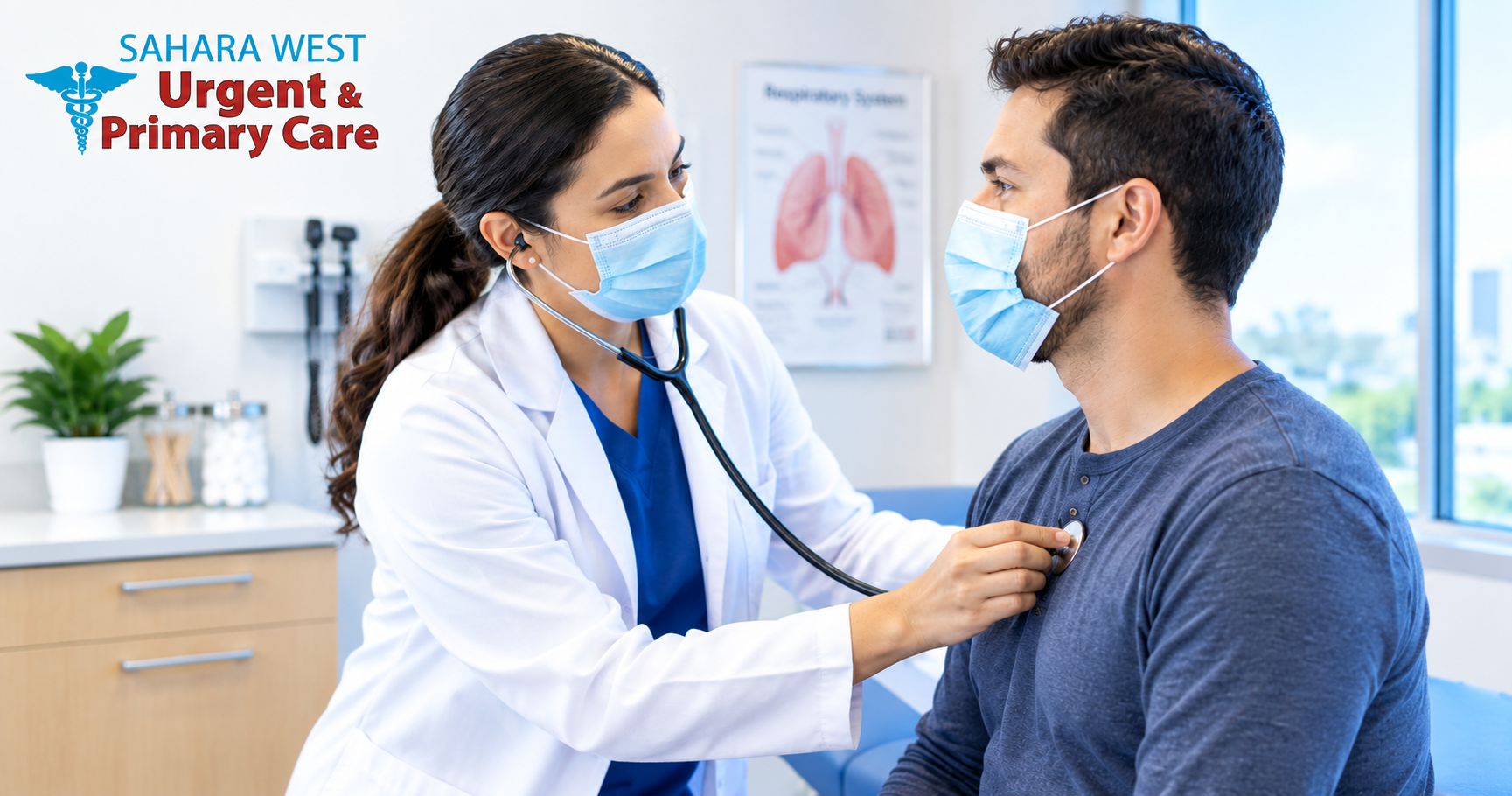 Sahara West Urgent & Primary Care clinician examining a patient's chest with a stethoscope during a respiratory infection evaluation.