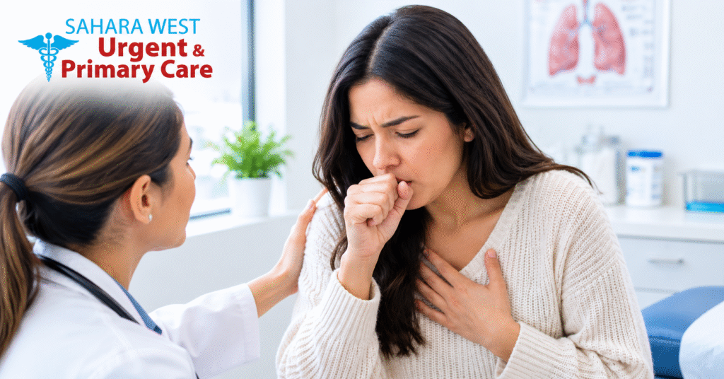 Woman experiencing a persistent cough during a medical consultation at Sahara West Urgent & Primary Care.