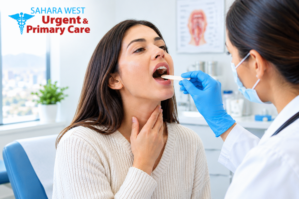 : Healthcare provider examining a patient's throat at Sahara West Urgent & Primary Care.