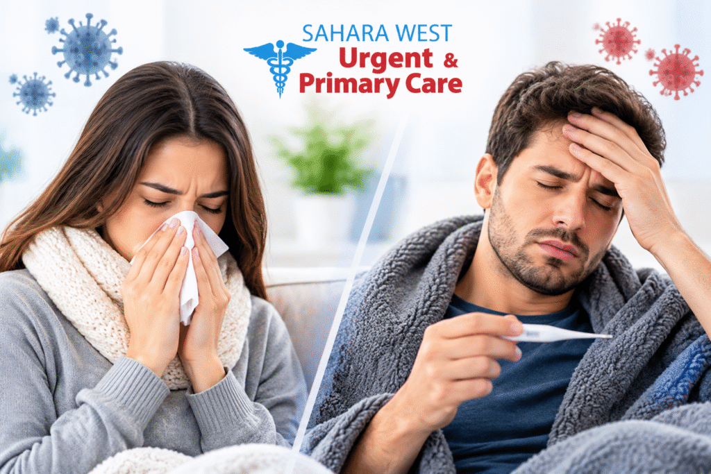 Woman with cold symptoms and man with flu-like symptoms in a healthcare image for Sahara West Urgent & Primary Care.