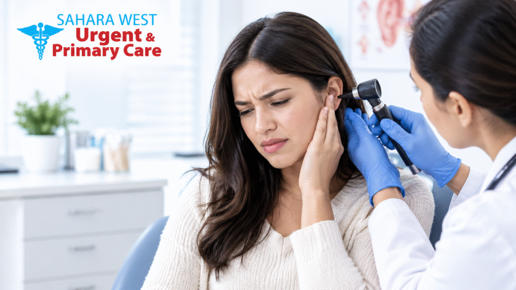 Healthcare provider examining an adult patient's ear with an otoscope at Sahara West Urgent & Primary Care.